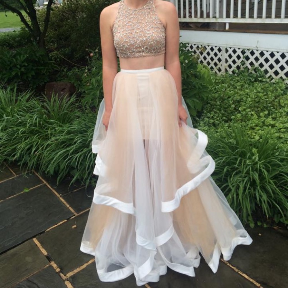 White and nude 2 piece prom dress